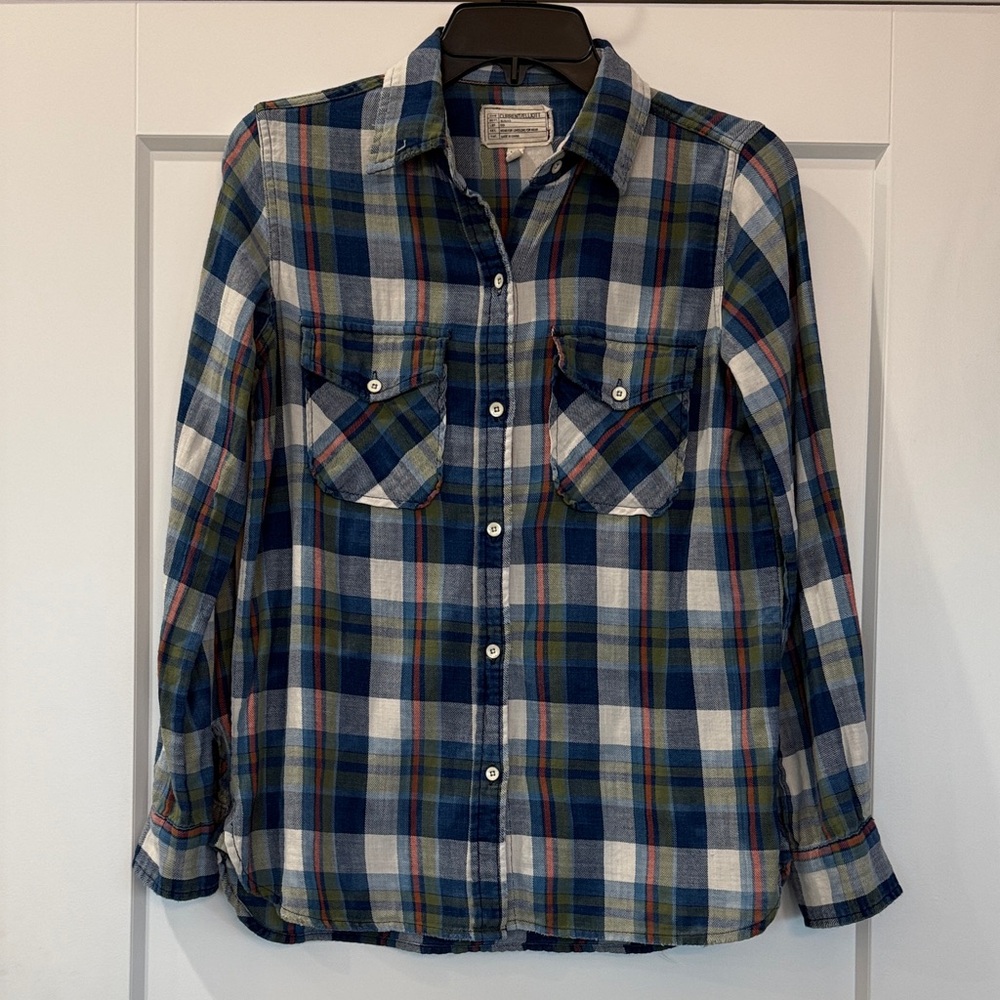 Current/Elliott The Perfect Shirt Blue and Green Plaid Button-Up Shirt, Size 0